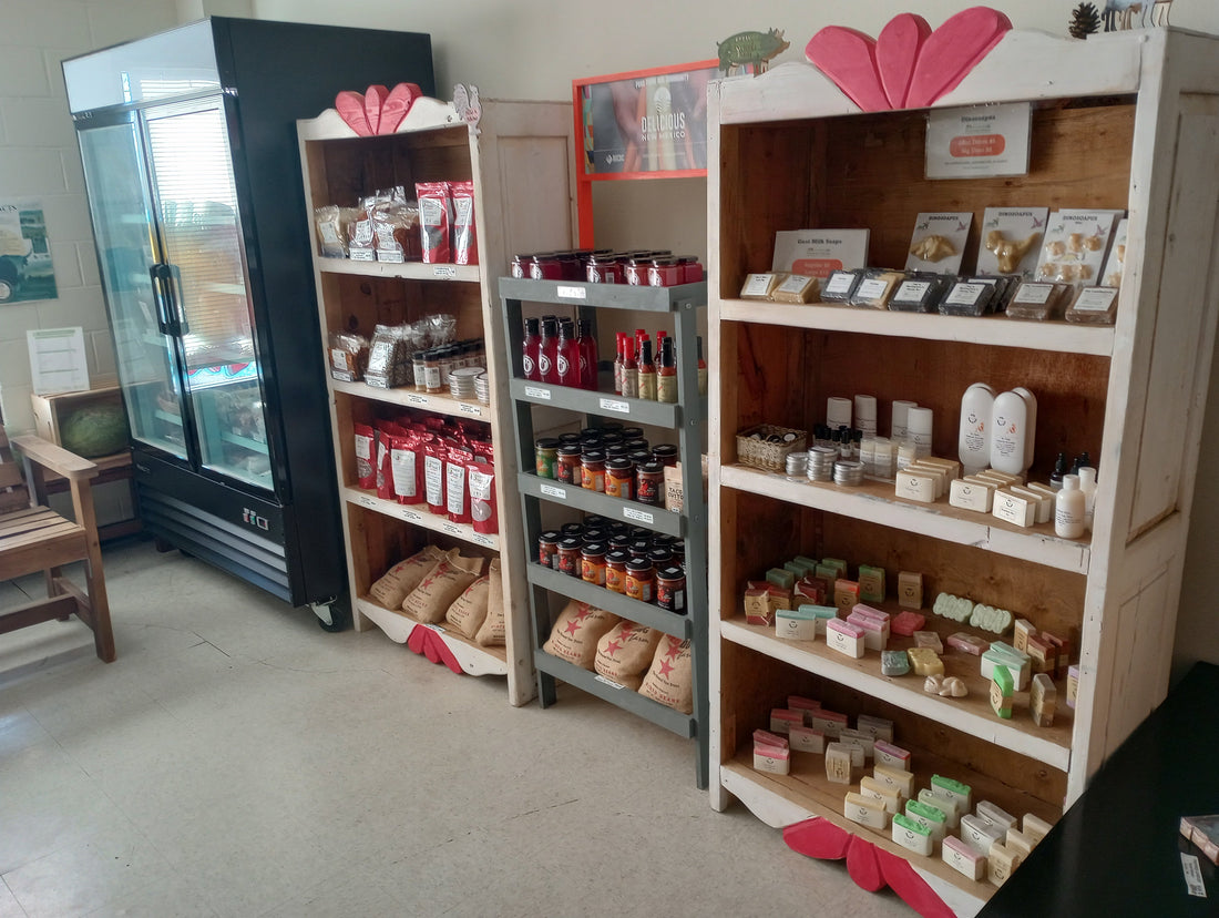 Grocery products on a shelf of a local specialty grocery store